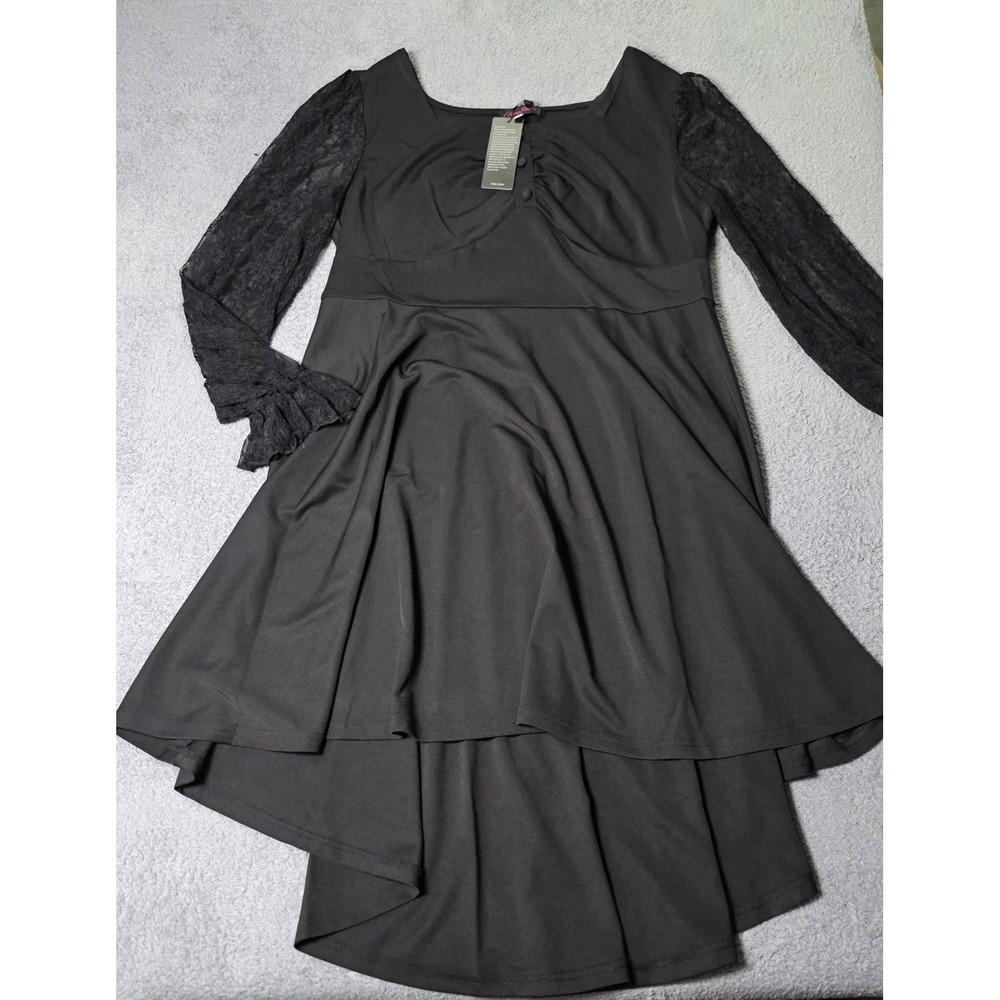 Hanna Nikole Womens 20W Dress Black Lace Sleeve High Low Ruched Goth Square Neck